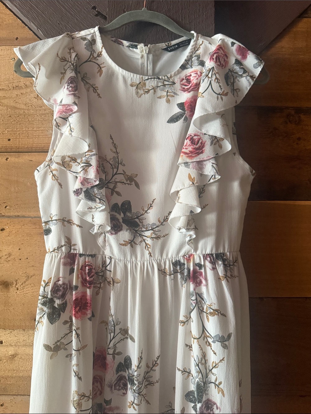 SHEIN White Floral Ruffle Summer Dress with Pink Roses